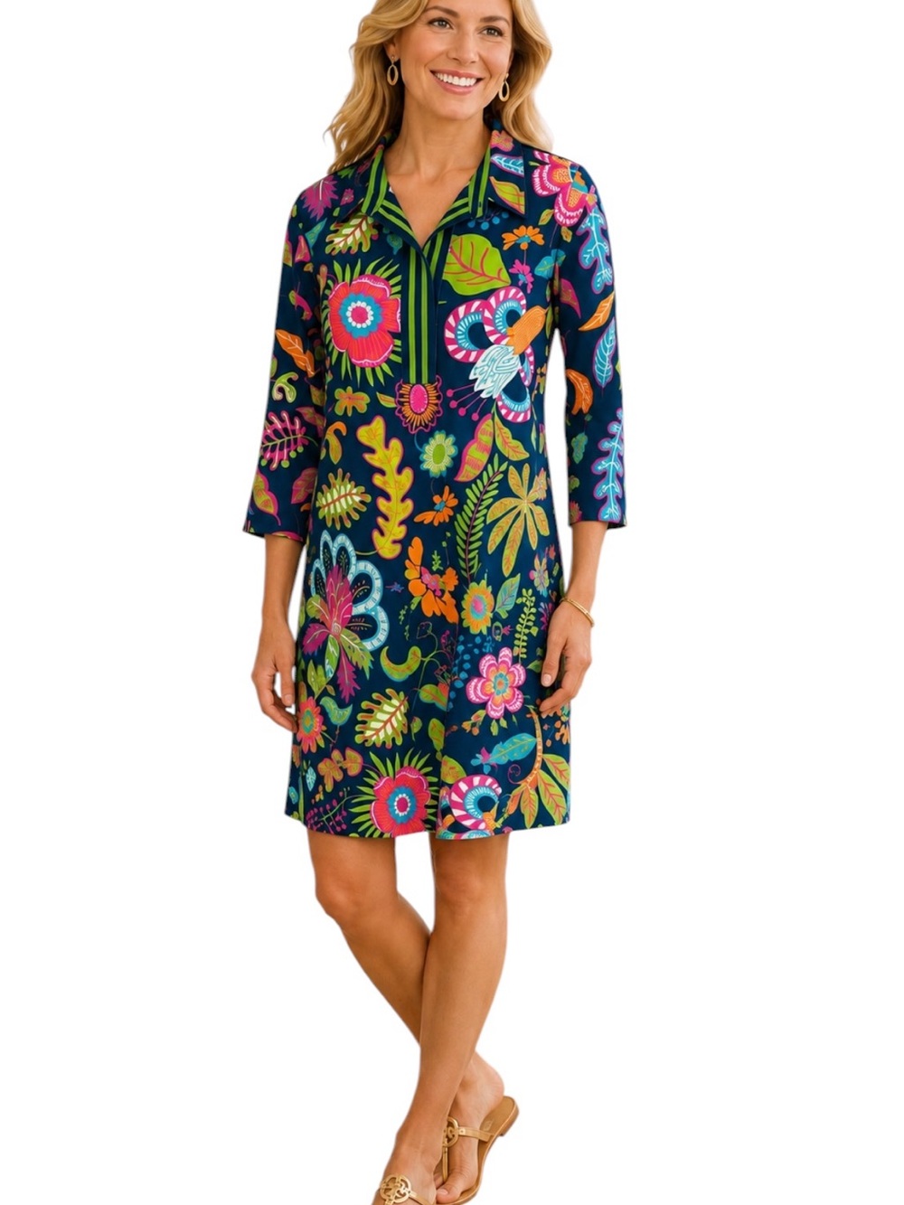 Gretchen Scott Navy Blue Tropical Floral Print Collared 3/4 Sleeve Mini Dress M